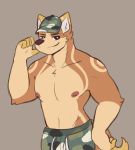  anthro athletic bottomwear canid canine canis clothed clothing facial_expressions fur_pattern hat headgear headwear heny hi_res male mammal nipples shorts smile snaftfc solo topless topless_male wolf 