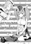  3girls absurdres ahenn atlanta_(kantai_collection) bangs blush breasts cleavage closed_eyes cover cover_page doujin_cover eyebrows_visible_through_hair garrison_cap greyscale hat headgear highres houston_(kantai_collection) kantai_collection lap_pillow large_breasts long_hair long_sleeves medium_hair monochrome multiple_girls open_mouth simple_background sitting skirt smile star striped striped_background suspender_skirt suspenders translation_request twintails u-511_(kantai_collection) 
