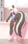  2020 absurd_res anthro bottomless butt clothed clothing crombie female genitals hair hi_res kitchen mammal mephitid pussy rear_view skunk solo white_hair 