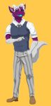  2020 absurd_res anthro claws clothed clothing digital_media_(artwork) dragon fingers fur furred_dragon hair hi_res horn male mammal prisma_faerdo prismanoodle_(artist) purple_body purple_fur simple_background solo solo_character solo_focus tongue white_body white_fur 