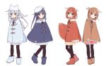  4girls :d akatsuki_(kantai_collection) alternate_costume black_legwear blue_eyes blue_footwear blush brown_eyes brown_footwear brown_hair eyebrows_visible_through_hair fang folded_ponytail hair_between_eyes hair_ornament hairclip hibiki_(kantai_collection) ikazuchi_(kantai_collection) inazuma_(kantai_collection) kantai_collection long_hair multiple_girls open_mouth pantyhose poncho purple_eyes purple_footwear purple_hair short_hair silver_hair simple_background skin_fang smile white_background yoru_nai 