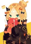  1girl abigail_williams_(fate/grand_order) blonde_hair bow butter clothing_request commentary_request eyebrows_visible_through_hair fate/grand_order fate_(series) food fork green_eyes hair_bow hidden_mouth highres knife looking_at_viewer mimo_lm pancake simple_background sleeves_past_fingers sleeves_past_wrists solo stuffed_animal stuffed_toy tagme teddy_bear white_background yellow_background 