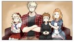  2boys 2girls bakugou_katsuki black_shirt blonde_hair bnha-bitch boku_no_hero_academia brown_eyes brown_hair crossed_arms denim denim_jacket facial_hair goatee if_they_mated jewelry looking_at_viewer multiple_boys multiple_girls necklace older plaid plaid_shirt red_eyes red_skirt school_uniform shirt skirt spiked_hair utsushimi_kemii white_hair 