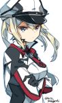 1girl bangs black_gloves blonde_hair blue_eyes capelet closed_mouth crossed_arms eyebrows_visible_through_hair gloves graf_zeppelin_(kantai_collection) hair_between_eyes hat iron_cross kantai_collection laco_soregashi long_hair long_sleeves military military_uniform peaked_cap simple_background solo twintails uniform upper_body white_background 