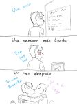  absurd_res animal_genitalia animal_penis anthro bluedmoka canid canine canine_penis clothed clothing comic duo fur genitals hi_res kissing male male/male mammal penis spanish_text text translated 