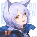  1girl :d animal_ears arknights artist_name bangs braid character_name chinese_commentary commentary_request eyebrows_visible_through_hair fangs hair_between_eyes jacket lavender_hair long_hair looking_at_viewer nian open_mouth portrait provence_(arknights) single_braid smile solo white_background wolf_ears yellow_eyes 