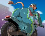  2020 anthro bovid bovine bulge butt cattle clothing green_eyes hat headgear headwear horn jumpsuit looking_at_viewer looking_back male mammal motorcycle rear_view smile solo sxfpantera vehicle 