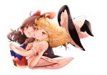  2girls :d absurdres ascot black_headwear blonde_hair blue_neckwear blush bow braid brown_hair closed_mouth detached_sleeves eyebrows_visible_through_hair hair_bow hair_tubes hakurei_reimu hat highres hug hug_from_behind kirisame_marisa long_hair looking_at_another multiple_girls navel open_mouth papiko_(papiko8901) puffy_short_sleeves puffy_sleeves red_bow red_eyes short_hair short_sleeves single_braid smile touhou upper_body witch_hat yellow_eyes 