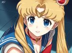  1girl bishoujo_senshi_sailor_moon blonde_hair blue_eyes blue_sailor_collar choker commentary_request crescent crescent_earrings derivative_work diadem earrings hair_bun heart heart_choker highres jewelry long_hair red_choker sailor_collar sailor_moon sailor_moon_redraw_challenge sailor_senshi sailor_senshi_uniform screencap_redraw shiratamaou signature solo sweatdrop tsukino_usagi twintails upper_body 