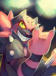 \n/ commentary creature english_commentary gen_7_pokemon grin highres incineroar looking_at_viewer multiple_sources no_humans pokemon pokemon_(creature) salanchu signature smile solo upper_body 