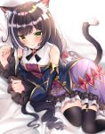  1girl animal_ear_fluff animal_ears black_hair black_legwear blush cat_ears cat_tail closed_mouth detached_sleeves garter_belt green_eyes hair_ribbon highres karyl_(princess_connect!) long_hair looking_at_viewer low_twintails multicolored_hair nakaji_(user_snap3353) princess_connect! princess_connect!_re:dive purple_skirt red_ribbon ribbon skirt solo streaked_hair tail thighhighs twintails white_hair 