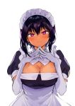  1girl apron black_hair blush breasts cleavage closed_mouth dark_skin elbow_gloves eyebrows_visible_through_hair gloves highres konbu_wakame large_breasts lilith_(saikin_yatotta_maid_ga_ayashii) looking_at_viewer maid maid_apron maid_headdress mole mole_on_breast mole_under_eye puffy_short_sleeves puffy_sleeves purple_eyes saikin_yatotta_maid_ga_ayashii short_hair short_sleeves simple_background smile solo steepled_fingers upper_body white_background white_gloves 