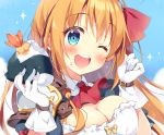  aqua_eyes blush breasts cleavage close cropped food gloves headband long_hair orange_hair pan_(mimi) pecorine princess_connect! waifu2x wink 