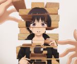  1girl black_hair black_hoodie commentary_request facing_away grey_background holding jenga long_sleeves looking_at_viewer original out_of_frame parted_lips pov pov_hands purple_eyes short_hair surreal upper_body yajirushi_(chanoma) 
