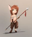  2020 absurd_res brown_body brown_fur brown_hair chest_wraps faun fur green_eyes hair hi_res holding_object holding_spear holding_weapon melee_weapon pointedfox polearm shadow simple_background smile solo spear standing weapon wraps 
