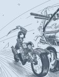  1girl bangs black_eyes black_hair black_legwear car closed_mouth collared_shirt expressionless full_body ground_vehicle hair_between_eyes holding holding_sword holding_weapon jacket long_sleeves looking_away medium_hair monochrome motor_vehicle motorcycle no_nose original outdoors riding road saber_(weapon) shirt shoes skirt smetana_(hamsterfragment) solo strap suicide sword thighhighs weapon wheel 