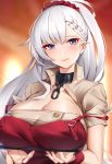  1girl absurdres azur_lane belfast_(azur_lane) blush braid breasts breasts_on_tray broken broken_chain chain cleavage closed_mouth collar dress earrings eyebrows_visible_through_hair french_braid gradient gradient_background hair_ornament hair_scrunchie hairclip highres huge_breasts jewelry long_hair looking_at_viewer nail_polish off-shoulder_dress off_shoulder purple_eyes red_dress red_nails red_scrunchie scrunchie short_sleeves silver_hair smile solo white_hair wu_ganlan_cai 