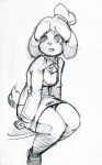  2018 animal_crossing anthro black_and_white breasts canid canine canis clothed clothing domestic_dog female hair isabelle_(animal_crossing) krakenparty looking_up mammal monochrome nintendo open_mouth shih_tzu simple_background sitting sketch solo toy_dog traditional_media_(artwork) video_games white_background 