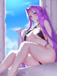  1girl absurdres bare_arms bare_legs bare_shoulders black_swimsuit blue_sky blush breasts day facial_mark fate/grand_order fate_(series) forehead_mark hair_ornament hair_scrunchie highres large_breasts long_hair looking_at_viewer o-ring onsoku_inu outdoors pillar ponytail purple_eyes purple_hair rider scrunchie sitting sky slingshot_swimsuit solo swimsuit thighs very_long_hair 