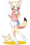  1girl :3 animal_ears blonde_hair bow bowtie commentary_request elbow_gloves extra_ears eyebrows_visible_through_hair fennec_(kemono_friends) fennec_fox finger_to_mouth fox_ears fox_girl fox_tail full_body fur_trim gloves highres kemono_friends multicolored_hair one_eye_closed pink_sweater pleated_skirt puffy_short_sleeves puffy_sleeves short_hair short_sleeves skirt solo sweater tail takosuke0624 thighhighs white_footwear white_hair white_skirt yellow_gloves yellow_legwear yellow_neckwear zettai_ryouiki 