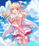  1girl :d absurdres bare_shoulders blue_sky breasts cloud cloudy_sky detached_sleeves fate/kaleid_liner_prisma_illya fate_(series) floating full_body gloves happy highres holding holding_wand illyasviel_von_einzbern layered_skirt light_brown_hair long_hair long_sleeves looking_at_viewer magical_ruby open_mouth pink_footwear pink_legwear pink_shirt pink_sleeves prisma_illya round_teeth shirt skirt sky sleeveless sleeveless_shirt small_breasts smile solo teeth thighhighs two_side_up wand white_gloves white_skirt yaya_chan 