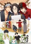  6+boys :d ahoge amabie bandana baseball_cap black-framed_eyewear black_hair blue_eyes brown_hair butterfly_net buzen_gou clothes_around_waist glasses gloves green_eyes grey_eyes hair_over_eyes hakama hand_net hands_in_pockets hat highres hizen_tadahiro hood hoodie horikawa_kunihiro jacket japanese_clothes kashuu_kiyomitsu kotegiri_gou kuwana_gou_(touken_ranbu) magnifying_glass male_focus matsui_gou mole mole_on_neck mole_under_eye mole_under_mouth multicolored_hair multiple_boys mutsu-no-kami_yoshiyuki nankaitarou_chouson nitaka_(fujikichi) official_art open_mouth ponytail red_eyes red_hair red_scarf scarf seigaiha smile squatting sweat touken_ranbu towel towel_around_neck track_jacket track_suit two-tone_hair white_gloves white_scarf yamato-no-kami_yasusada yellow_eyes youkai 