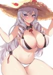 1girl algerie_(azur_lane) azur_lane bikini blush breasts cleavage closed_mouth eyebrows_visible_through_hair flower hat kuavera large_breasts long_hair looking_at_viewer mole mole_under_eye neck_ribbon purple_eyes red_flower red_ribbon ribbon silver_hair simple_background smile solo straw_hat swimsuit thighs two-tone_bikini white_background 