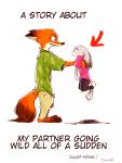  anthro barefoot bottomwear canid canine clothed clothing disney duo edit english_text fox fully_clothed fur grey_body grey_fur hard_translated hi_res judy_hopps kabe2mugi lagomorph leporid lifting looking_at_another mammal nick_wilde pants rabbit red_fox shirt simple_background standing text topwear translated white_background zootopia 