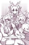  3girls animal_ear_fluff animal_ears arm_wrestling bikini choker clenched_hand clenched_teeth closed_mouth collar fang fate/extra fate/grand_order fate_(series) filming fox_ears greyscale hair_ribbon highres holding holding_phone long_hair monochrome multiple_girls multiple_persona niandni open_mouth phone ribbon shaded_face sketch swimsuit table tamamo_(fate)_(all) tamamo_cat_(fate) tamamo_no_mae_(fate) tamamo_no_mae_(swimsuit_lancer)_(fate) teeth veins 