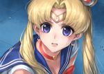  1girl bangs bishoujo_senshi_sailor_moon blonde_hair blue_sailor_collar breasts choker circlet cleavage commentary_request crescent crescent_earrings derivative_work double_bun earrings hair_over_shoulder heart heart_choker jewelry lif long_hair parted_bangs purple_eyes red_choker sailor_collar sailor_moon sailor_moon_redraw_challenge screencap_redraw solo sweat tsukino_usagi twintails upper_body 