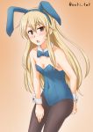  1girl alternate_costume animal_ears anti_(untea9) black_legwear blonde_hair blue_leotard blue_neckwear bow bowtie breasts brown_eyes bunny_ears bunny_tail bunnysuit cleavage commentary_request detached_collar gradient gradient_background highres kantai_collection leotard long_hair orange_background pantyhose shimakaze_(kantai_collection) small_breasts solo strapless strapless_leotard tail twitter_username wrist_cuffs 