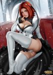  1girl bloodrayne bloodrayne_(videogame) breasts cleavage cleavage_cutout fangs finger_to_mouth green_eyes lips looking_at_viewer medium_breasts nail_polish nefrubi panties red_hair short_hair sitting solo thighhighs underwear white_legwear white_panties 