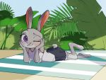  2020 4:3 anthro arm_support beach_towel blush bottomwear clothed clothing disney female fully_clothed fur grey_body grey_fur judy_hopps lagomorph leaning_on_elbow leporid looking_at_viewer lying mammal okura_0426 on_front one_eye_closed plant purple_eyes rabbit scut_tail shirt shorts smile solo topwear wink zootopia 