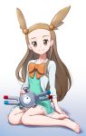  1girl aqua_dress barefoot blue_jacket blush bow bowtie brown_eyes brown_hair closed_mouth collarbone dress forehead full_body gen_1_pokemon gradient gradient_background jacket long_hair long_sleeves looking_at_viewer magnemite mikan_(pokemon) on_lap open_clothes open_jacket orange_bow pokemon pokemon_(creature) pokemon_(game) pokemon_gsc saitou_teikoku see-through sitting smile two_side_up very_long_hair white_background yokozuwari 