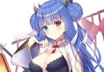  1girl azur_lane blue_eyes blue_hair breasts china_dress chinese_clothes cleavage commentary_request double_bun dress heterochromia horns ibuki_(arrival_of_spring)_(azur_lane) ibuki_(azur_lane) large_breasts long_hair long_sleeves looking_at_viewer red_eyes see-through smile solo t@ke-g very_long_hair 