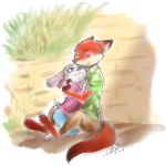  2016 anthro barefoot bodily_fluids bottomwear canid canine clothed clothing disney duo fox fully_clothed fur grey_body grey_fur hi_res hug judy_hopps lagomorph leporid mammal nick_wilde on_ground outside pants pink_nose purple_eyes rabbit red_body red_fox red_fur shirt signature sitting smile tears the-l0llip0p topwear zootopia 