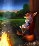  2017 anthro barefoot black_nose bottomwear campfire canid canine clothed clothing detailed_background disney duo fire flower fox fully_clothed fur grass green_eyes grey_body grey_fur hi_res judy_hopps lagomorph leporid mammal nick_wilde orange_body orange_fur outside pants plant purple_eyes rabbit red_fox shirt signature sitting sky smile star starry_sky thewinterbunny topwear tree zootopia 