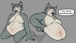  2020 anthro basicbiscuit beastars belly big_belly canid canine canis facial_scar fur grey_body grey_fur hi_res kneeling legoshi_(beastars) looking_at_viewer male mammal moobs navel obese overweight scar solo speech_bubble text wolf 