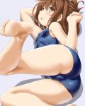  1girl alternate_costume ass bare_arms bare_legs bare_thighs barefoot brown_eyes brown_hair cameltoe commentary dd_(ijigendd) feet folded_ponytail highres inazuma_(kantai_collection) kantai_collection school_swimsuit solo swimsuit 