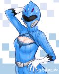  1girl abe_tsukumo amu_(doubutsu_sentai_zyuohger) bodysuit breasts cat_lingerie cleavage doubutsu_sentai_zyuohger gloves helmet looking_at_viewer meme_attire open-chest_sweater ribbed_sweater solo sweater 