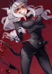  1girl alcohol bangs blunt_bangs blush breasts cluseller crown cup demon_girl demon_tail drinking_glass formal gloves grin helltaker highres horns long_hair looking_at_viewer lucifer_(helltaker) mole mole_under_eye necktie red_eyes sharp_teeth smile spilling suit tail teeth tsurime white_gloves wine wine_glass 