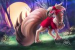  2016 feral full_moon fur fusion glowing glowing_eyes grass hybrid lycanroc midnight_lycanroc moon multi_tail multicolored_tail ninetales nintendo open_mouth pok&eacute;mon pok&eacute;mon_(species) pok&eacute;mon_fusion red_body red_fur signature solo tree tsaoshin video_games white_body white_fur white_tail 