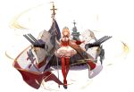  1girl ask_(askzy) azur_lane black_gloves blonde_hair book breasts cleavage cross crossed_legs detached_sleeves flag french_flag full_body fur_trim gloves gold_trim highres holding holding_book juliet_sleeves long_hair long_sleeves maltese_cross medium_breasts official_art open_book puffy_sleeves purple_eyes red_legwear richelieu_(azur_lane) rigging skindentation skirt solo thigh_strap thighhighs transparent_background turret watson_cross white_skirt zettai_ryouiki 