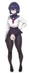  1girl absurdres ass_visible_through_thighs black_hair bodysuit breasts cleft_of_venus covered_navel crotch_cutout earrings eyebrows_visible_through_hair full_body highres jewelry kakuchou_no_ou loafers nipple_piercing original piercing purple_eyes pussy school_uniform serafuku shoes short_hair simple_background white_background 