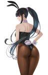  1girl absurdres animal_ears ass bangs bare_shoulders black_hair black_leotard brown_eyes brown_legwear bunny_ears bunny_girl bunnysuit closed_mouth commentary damegane eyebrows_visible_through_hair from_behind hair_ornament hair_scrunchie hand_on_hip highleg highleg_leotard highres leotard lidia_(damegane) lips long_hair looking_at_viewer looking_back original pantyhose ponytail scrunchie shiny shiny_clothes shiny_hair sidelocks simple_background smile solo strapless strapless_leotard white_background wrist_cuffs 