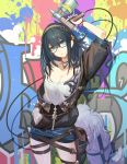  1girl airbrush black_hair blue_eyes breasts cleavage fake_tail glasses graffiti granblue_fantasy hairband hand_in_pocket illnott shorts tail ya99ru 