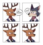  2020 anthro antlers beastars blush bodily_fluids brown_body brown_fur canid canine canis cervid clothed clothing comic dialogue duo fur grey_body grey_fur hi_res horn jamaystr legoshi_(beastars) louis_(beastars) mammal meme speech_bubble sweat sweatdrop wolf 