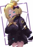  1girl abigail_williams_(fate/grand_order) absurdres artist_request bandaid_on_forehead bangs black_bow black_jacket blonde_hair blue_eyes blush bow breasts crossed_bandaids fate/grand_order fate_(series) forehead hair_bow hair_bun heroic_spirit_traveling_outfit high_collar highres holding holding_stuffed_animal jacket long_hair long_sleeves looking_at_viewer multiple_bows object_hug orange_belt orange_bow parted_bangs polka_dot polka_dot_bow sleeves_past_fingers sleeves_past_wrists small_breasts stuffed_animal stuffed_toy teddy_bear thighs white_background 