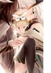  2girls absurdres arknights bird brown_eyes brown_hair convenient_censoring dragon_horns eyewear_removed feathers glasses highres horns kiss multiple_girls owl saria_(arknights) silence_(arknights) silence_(arknights)_(owl) thighhighs white_hair wuws yellow_eyes yuri 
