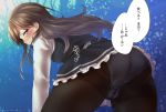  arashio_(kantai_collection) arm_warmers ass black_legwear brown_eyes brown_hair dress frilled_dress frills juurouta kantai_collection long_hair long_sleeves looking_at_viewer looking_back panties pantyhose pinafore_dress remodel_(kantai_collection) shirt skirt underwear white_panties white_shirt 